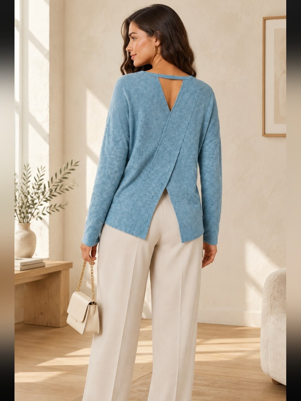 143 Story By Line Up Everyday Scoop Neck Long-Sleeve Top Open Back - Dusty Blue